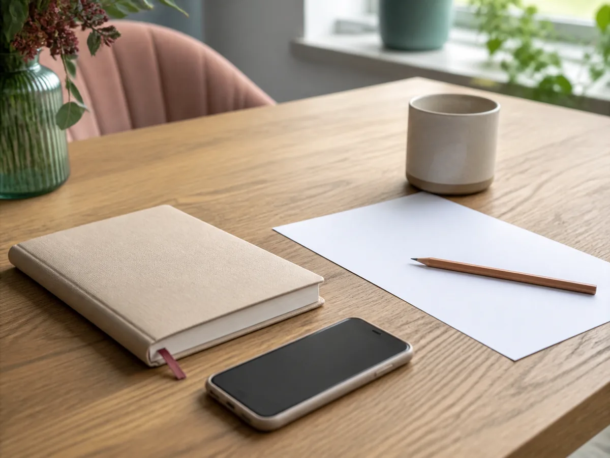 A calm table setting with a notebook, blank paper, pencil, and phone ready for an enquiry.