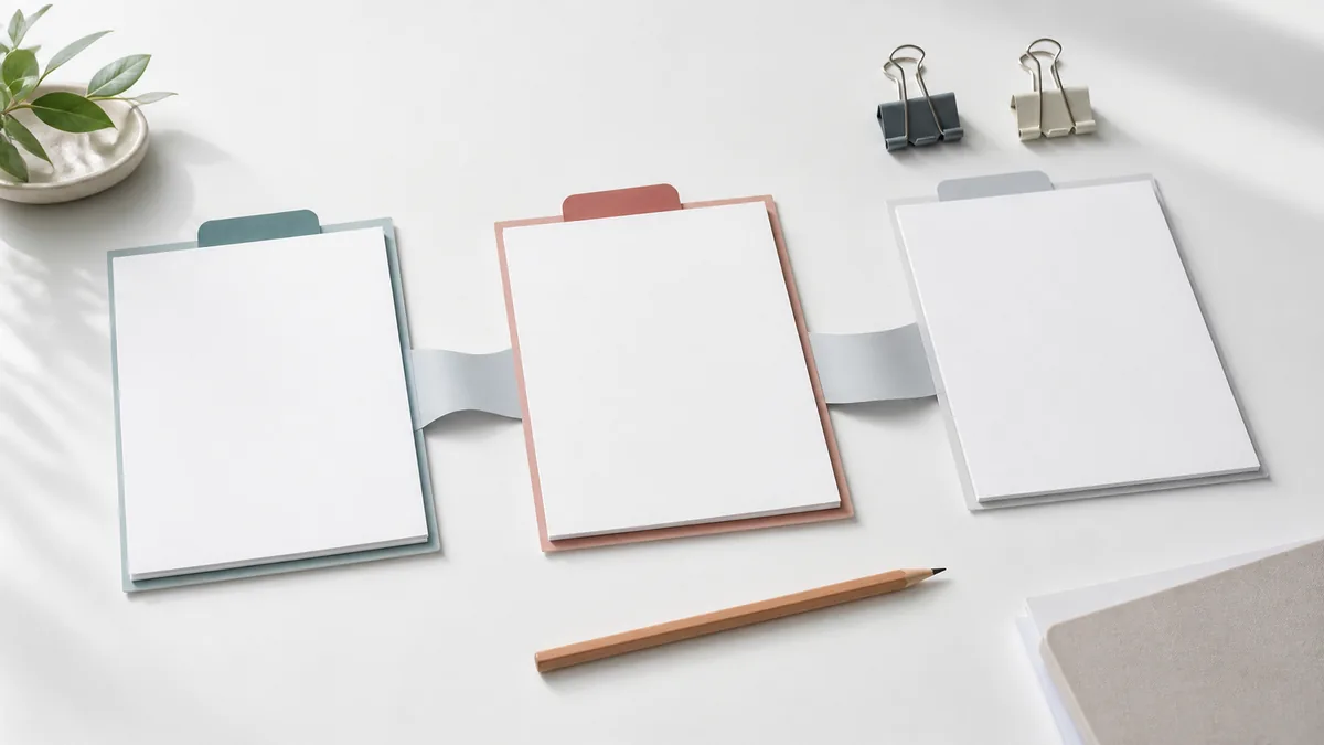 Three blank assessment route folders arranged on a light desk with soft teal and rose tabs.