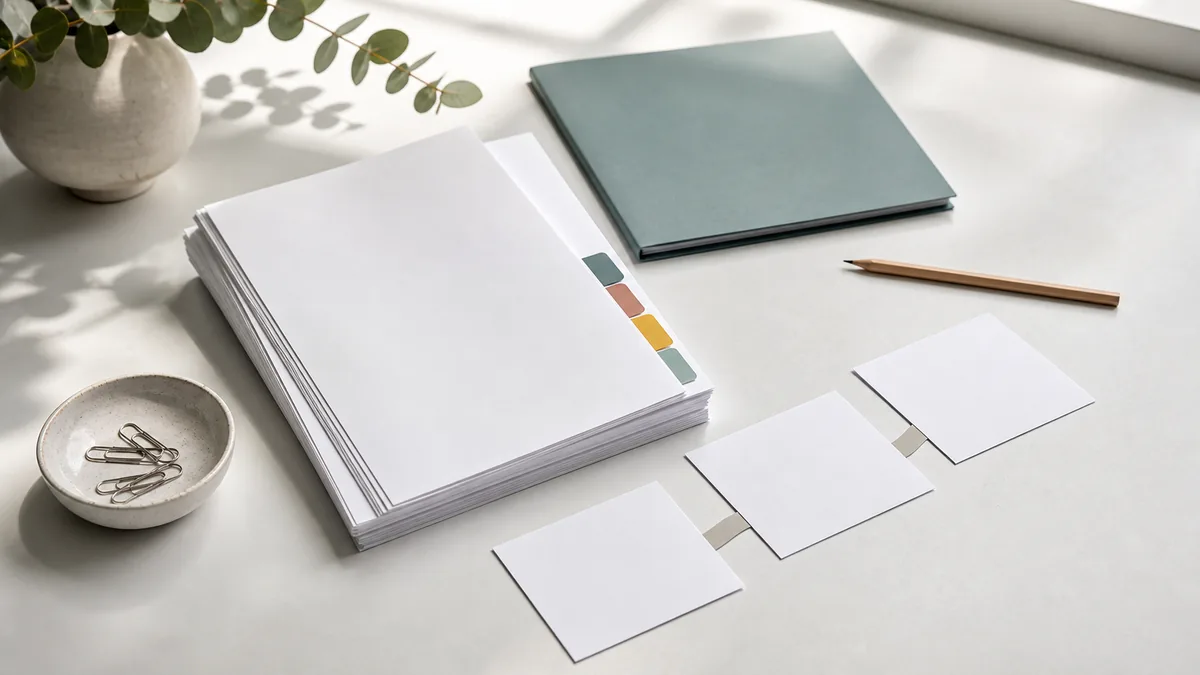 A blank report stack with coloured tabs, a teal folder, pencil, and step cards.