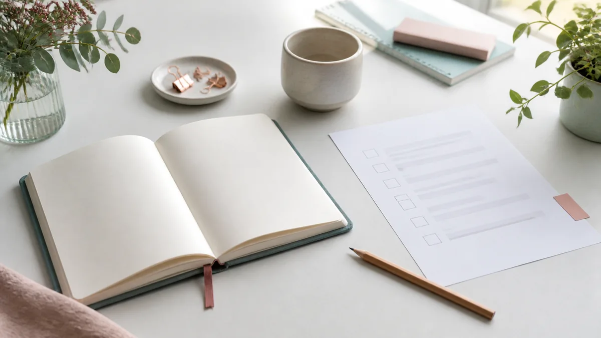 A calm desk with a blank notebook, checklist sheet, pencil, and soft planting.