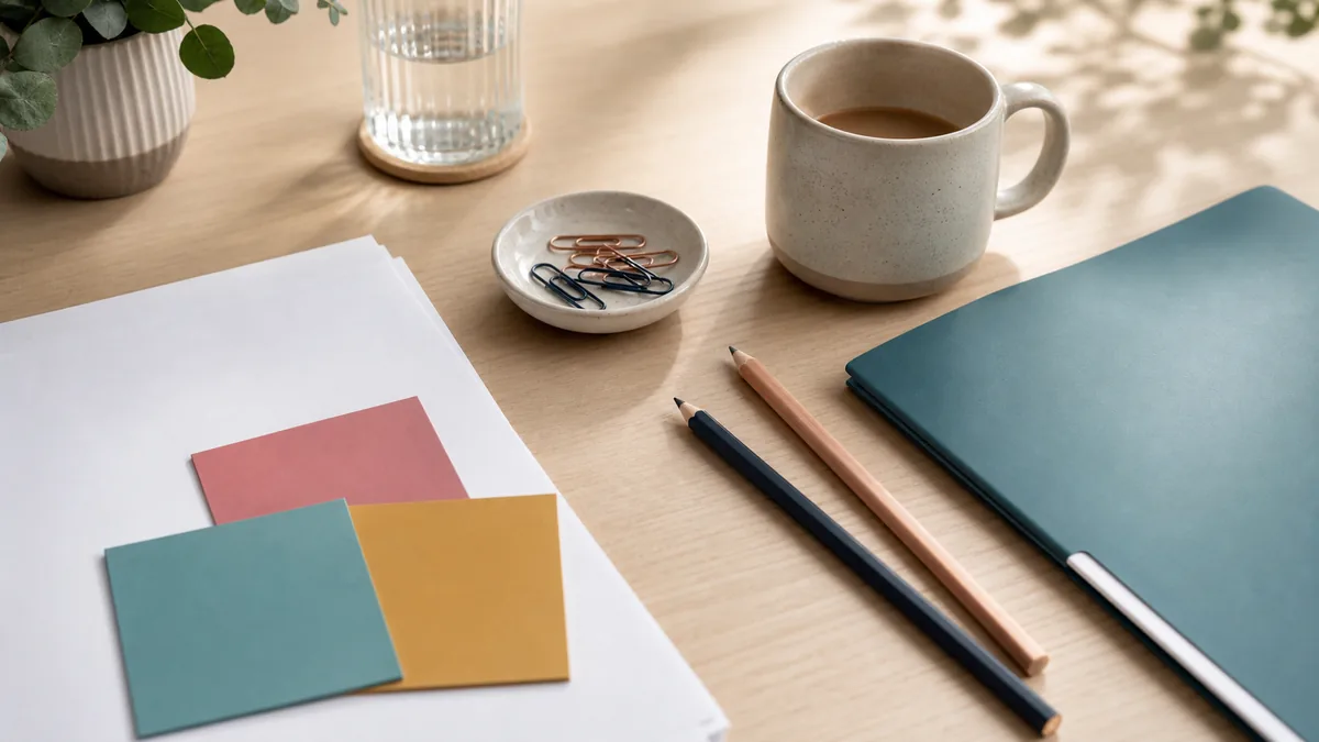 Blank workshop papers, sticky notes, pencils, and a mug arranged on a calm training table.