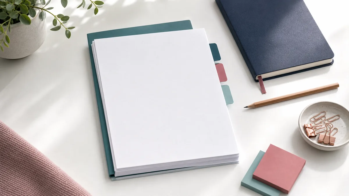Blank assessment papers, folders, tabs, and pencils arranged on a calm specialist desk.