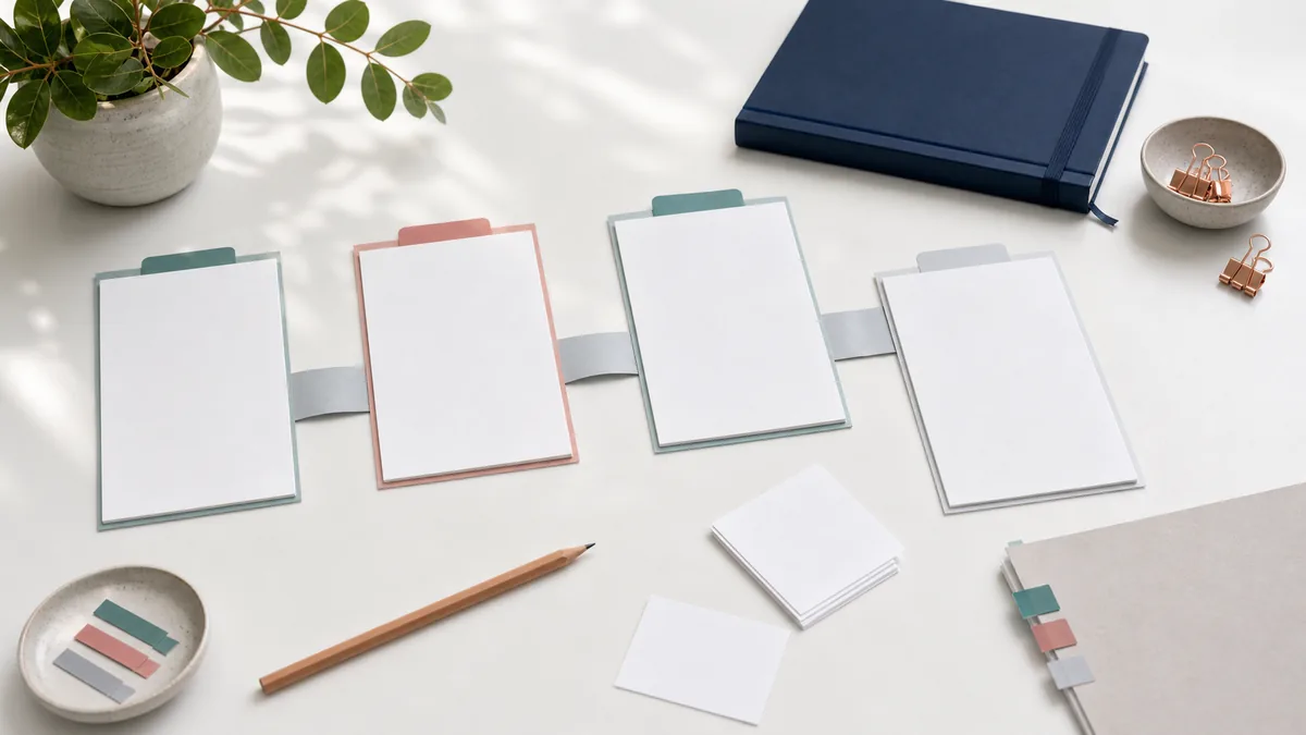 Blank profile cards and folders arranged as a simple planning pathway on a light desk.